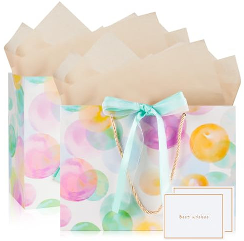 Mifferer Geschenktüten, 2 Stück Papier Geschenktüten mit 2 Taschentuch und 2 Karten, Geschenktüten mit Griffen für Frauen, Mädchen, Brautjungfern, Geburtstage, Valentinstag und Hochzeitsfeiern