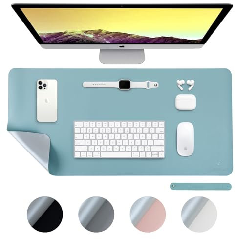 DesireTech Reversible Large Office Desk Mat- Dual-Sided Desk Mat, Waterproof Faux Leather Table Surface Protector Desk- Laptop Mat & Mouse Pad (Light Blue/Silver, Large (43 x 89cm))