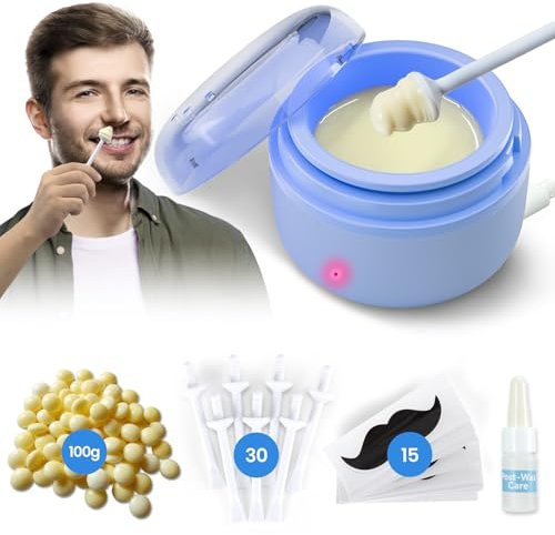 EYUYTU Nose Wax Kit for Men and Women, USB Rapid Heating Wax Warmer Kit with 100g Nose Hair Removal Wax, 30 Applicators, 10 Moustache Stencils, Painless, Easy and Quick,Blue