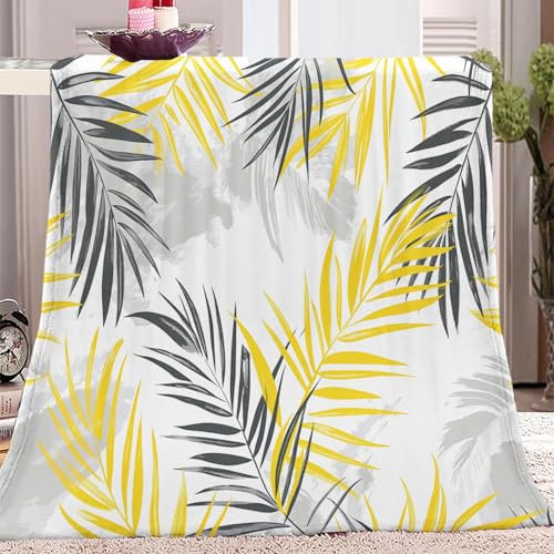 Gelb, Grau, Palmblätter Kuscheldecke Weiß Flauschig Decke Fleecedecke, Sofa Überwurfdecke, Wohndecke Warm Weich Sherpa Wolldecke, Gemütlicher Überwurf Für Bett und Couch 150x200 cm