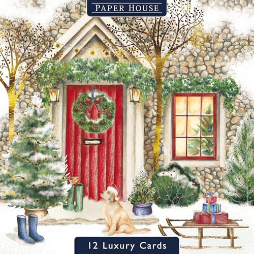 Box of 12 Paper House Puppy Dog Xmas Post Christmas Cards in 3 Designs DELP0022