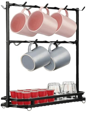 Soporte para tazas de café con 14 ganchos Organizador de 2 niveles Cesta vintage portavasos Soporte de cocina Organizador de mostrador Portavasos Solución de almacenamiento de tazas