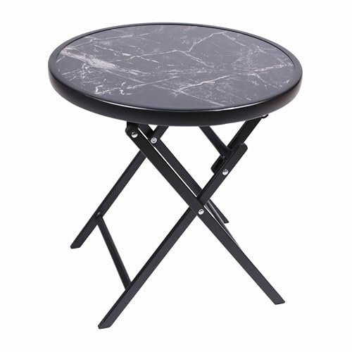 Nexos Trading Beistell-Tisch mit Glasplatte Gartentisch Terrassentisch Veranda-Tisch Balkontisch - Platte: Schwarz-Grau marmoriert – Gestell Schwarz – Ø 45 cm