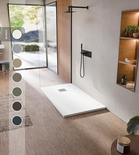 BELLOBATH - Plato de ducha de resina antideslizante - Textura pizarra suave - Plato ducha incluye válvula desagüe y rejilla- Blanco - 75 X 190 cm