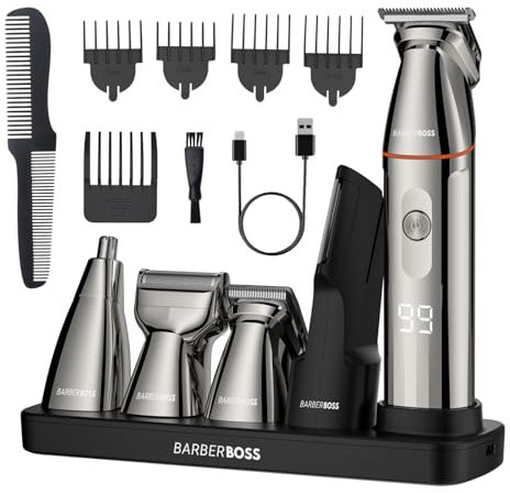 BarberBoss rasierer herren elektrisch, bartschneider herren, 5-in-1 Pflegeset für Männer, Haarschneidemaschine, Bartschneider-Set, Detailrasierer, Präzisionstrimmer für Nase, Ohren & Körper, QR-6010