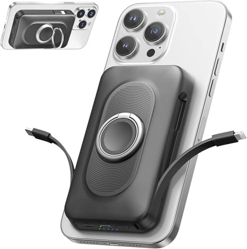 Mag-safe Power Bank 20000mAh 22.5W magnetic power bank Fast Charging, 4-in-1 Wireless PowerBank with USB-C/IOS cable, Portable Charger Battery Pack with Stand for iPhone 16-12/Mini/Pro/Pro Max Black