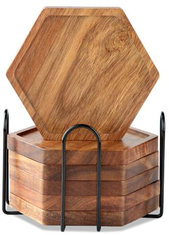 LiWiBet Holz Untersetzer für Gläser 6er Set, Untersetzer aus Akazienholz mit Halter, Glasuntersetzer Tischuntersetzer, Untersetzer Set für Glas, Getränke, Bar, Tasse, Vase, Geschenk