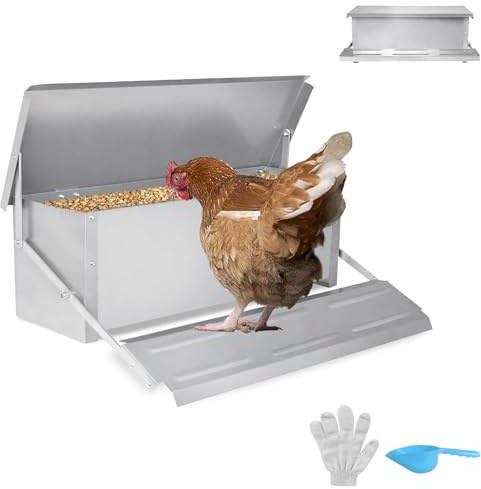 Aufun Automatischer Hühner Futterautomat 10 kg Geflügel Futterautomat, Mit Rattensicher Füßen und Wasserfest Deckel, verzinkter Stahl Futtertrog