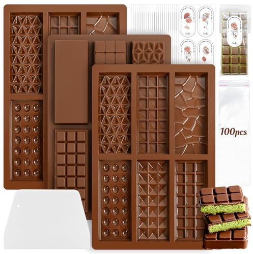 3 Stück Schokoladenform Silikon Tief, Dubai Schokolade Form, mit Aufkleber und Abstreifer Antihaftbeschichtung Schokoladentafel Form, Silikonform Schokolade für Schokolade Praline Süßigkeiten