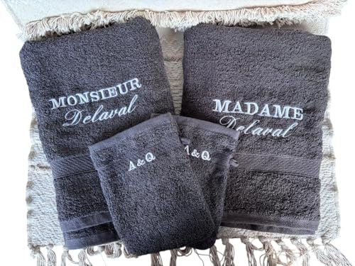 Box Couple Cadeau de Mariage Personnalisé – Serviettes Brodées Monsieur & Madame + mini serviette – Coffret Cadeau Mr & Mme – Serviettes 70x140 cm – Broderie au Choix