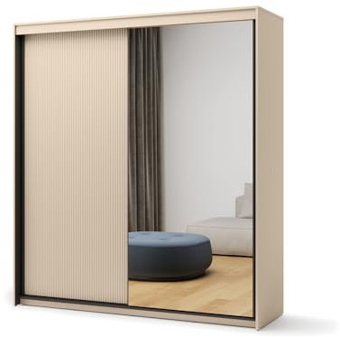 Großer Kleiderschrank TS-01 mit Spiegel und LED-Beleuchtung – zweitürig, geriffelte Fronten, beige/schwarz – 200x222x63 cm