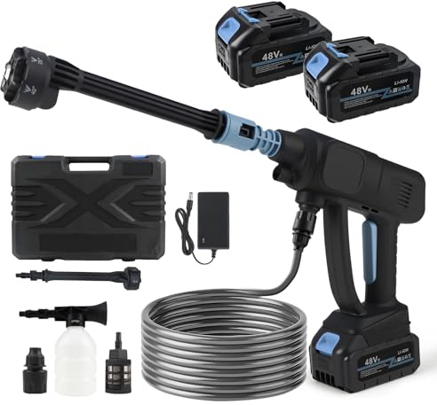 Akku Hochdruckreiniger,1060PSI Mobiler Hochdruckreiniger mit 2*10000mAh Akkus,6-in-1-Düse und 5M Schlauch und Schaumkanone,Mobiler Hochdruckreiniger,Tragbarer Pistole für Auto,Terrasse,Garten,Fahrrad
