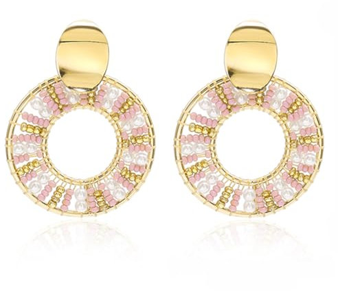 Rosa Damen Boho Perle, Reisperlen Bunte Perlen Ohrringe, Sommer Strand Handarbeit, Hoop Geschenk Ohrringe