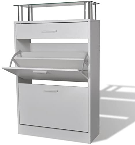 AJJHUUKI Zapatero con cajón y estante superior de cristal de madera, color blanco