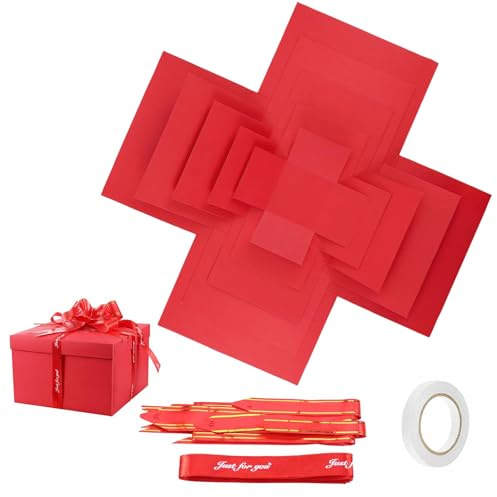 5 Lagige Kreative Explosionsbox, DIY Süßigkeiten Überraschungsbox mit Klebeband und Band, für Geburtstag, Weihnachten, Heiratsantrag, Jubiläum, Hochzeit, Muttertag(Rot)