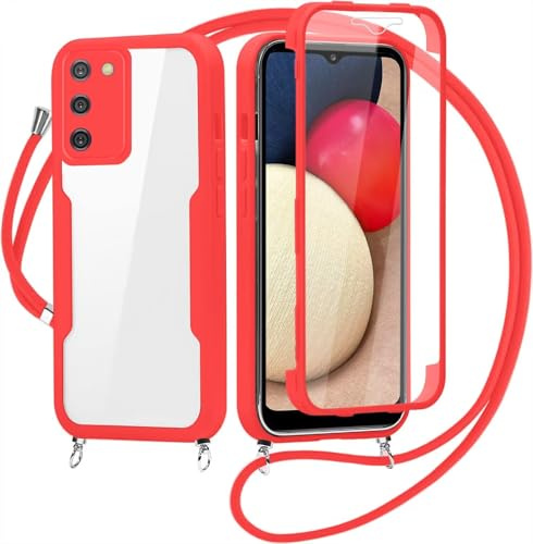 Beajew Handyhülle für Samsung Galaxy A02S/A03S Hülle mit Band, 360 Grad Stoßfest Schutzhülle mit Eingebautem Displayschutz Necklace mit Abnehmbar Kordel zum Umhängen Transluzente Schutzhülle - Rot