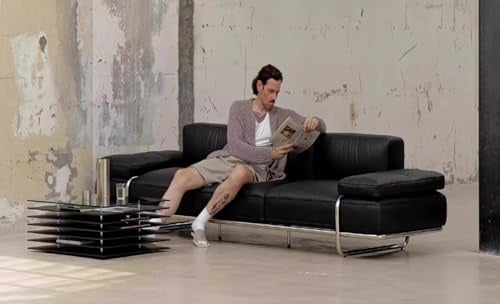 KIBONCY Minimalistisches Bauhaus-Ledersofa im Mid-Century-Stil – Italienisches 3-4-Sitzer-Sofa mit Edelstahlrahmen for kleine und große Wohnzimmer(Black,3 Seater)