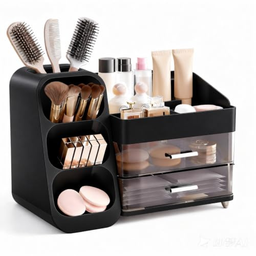 Yieseang Make up Organizer,Schminktisch Organizer,Schmink Organizer Schwarz | Kosmetik Organizer mit Schubladen,Schmink Aufbewahrungfür Pinsel Lippenstift Skincare,Bad und Schlafzimmer