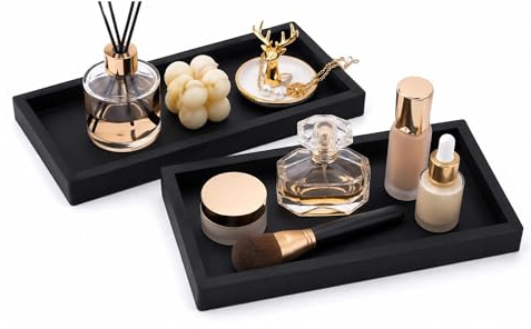 2PCS Silicone Bathroom Tray Set, Black Soap Tray with Non-Slip Base | Waterproof Vanity Countertop Tray for Shower, Sink, Makeup, Toothbrush, Razor and Small Items, 20 x 10 cm