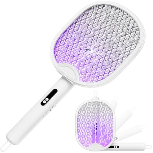 Electric Fly Swatter 4000V, USB-C Rechargeable Foldable Mosquito Zapper | 1800mAh Battery, 5-Layer Safety Mesh, 3-in-1 Handheld/Tabletop/Wall Design for Kitchen, Bedroom, Garden and Camping Use