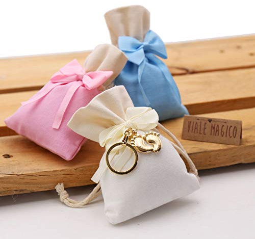 VialeMagico Bomboniera Piedini Bimbi per Nascita Portachiave Gold con Sacchetto Kit 10 PZ Rosa
