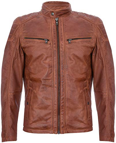 Mens Tan Leather Jacket Vintage Quilted Retro Racing Zipped Biker 4XL