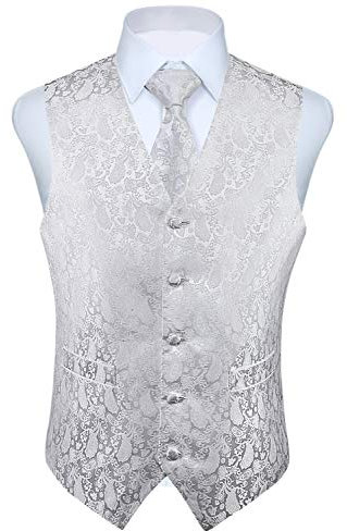 HISDERN Anzugweste für Herren Weiß Paisley Hochzeit Weste Krawatte Einstecktuch Jacquard Weste Herren Anzug Set Elegant Party Silber M