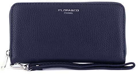 Flora & co - Portefeuille Femme Long Grand Format - Wallet Pochette Tout-en-Un A Lanière - Porte-Cartes Monnaies Zippées Originales - Simili Cuir Souple - Chic et Tendance - Bleu