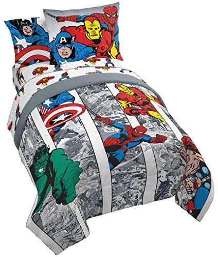 Jay Franco Marvel Avengers Comic Cool 5 Piece Twin Bed Set - Includes Comforter & Sheet Set - Bedding Features Captain America, Spiderman, Iron Man, Hulk, Thor - Super Soft (Official Marvel Product)