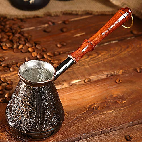 AEVVV Copper Turka Coffee Maker 10 oz - Turkish Cezve Coffee Pot Copper 300 ml - Grapes Ornament Engraved Coffee Ibrik - Mini Saucepan with Spout and Wooden Handle