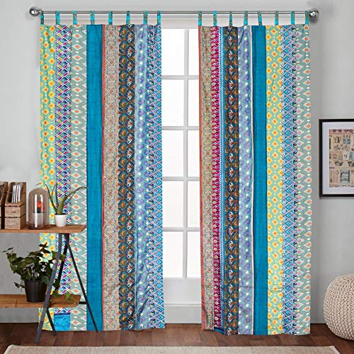 2 Pcs Set Indian Vintage Old Silk Sari Fabric Patchwork Handmade Door Window Rod Pocket Home Decor Panel Curtain Set (Turquoise Strip Patch, 84x42 Each Panel)