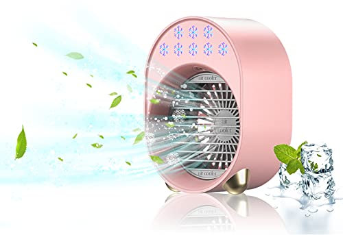 Mini Enfriador De Aire Portatil, 4 En 1 Acondicionados De Aire Móviles Silencioso, Ventilador De Escritorio Humidificador Carga Usb Con 300 Ml Tanque De Agua, 3 Velocidades, 7 Colores Luces Led (Rosa)