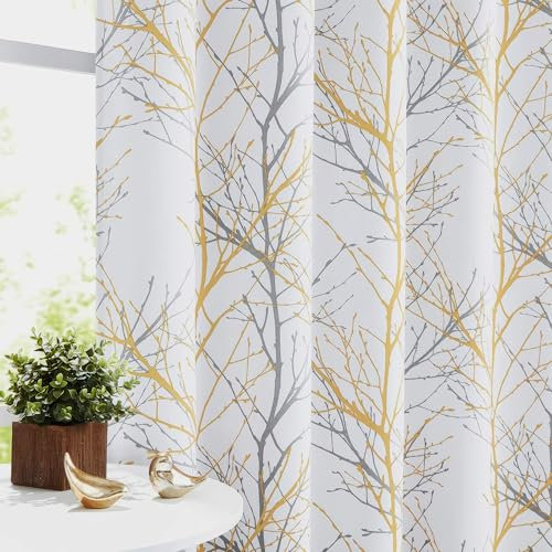 Fmfunctex Yellow Blackout Curtains for Bedroom 90 Drop Tree Branch Eyelet Curtains for Living Room Thermal Insulated Window Curtain Drapes for Dining Room 2 Panels