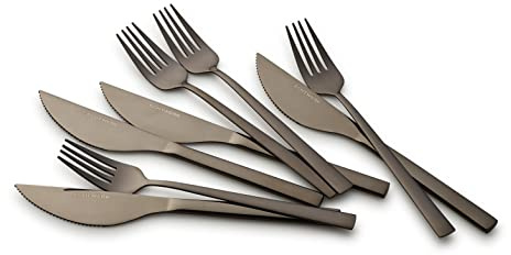 ECHTWERK Pizzabesteck‑Set 8‑tlg. - 4 Pizzamesser & 4 Pizzagabeln aus Edelstahl mit PVD-Beschichtung - hochwertiges Pizza & Steakbesteck für 2 Personen - Black‑Edition