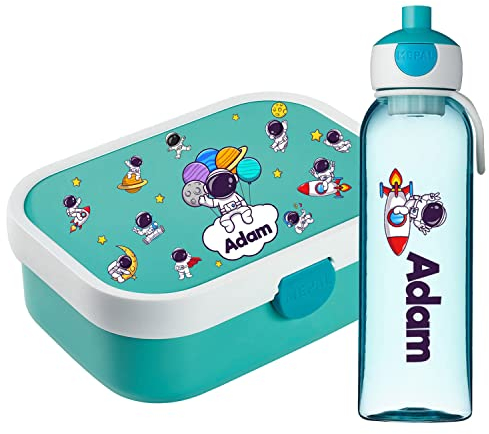 Lunchbox Set für Kinder Jungen zur Schule Personalisiert mit Namen Brotdose Wasserflasche Trinkflasche BPA frei Essen für Unterwegs mit Gabel und Bento Fach To Go Astronaut [153]