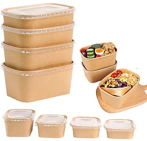 Home & Treat 50 Pcs Kraft 650ml | Brown Takeaway Containers with Lids | Rectangular Reusable Stackable Food Storage Soup Salad Bowls Deli Tubs Lid Heavy Duty