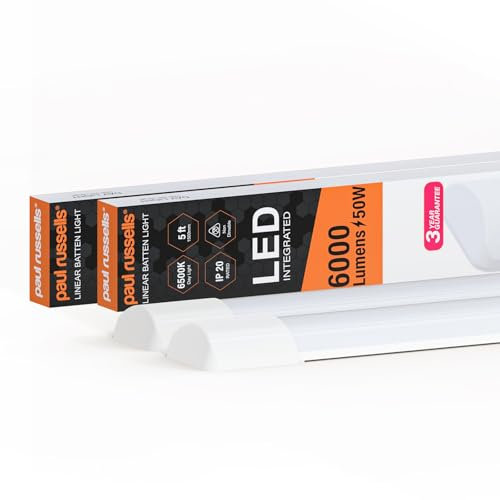 paul russells 5ft LED Batten, Ceiling Fitting Tube Light, 6500K Daylight, 50W, 6000 Lumens, Light for Office, Bathroom, Kitchen, Garage, Warehouse Fluorescent Lighting Replacement, 2 Packs