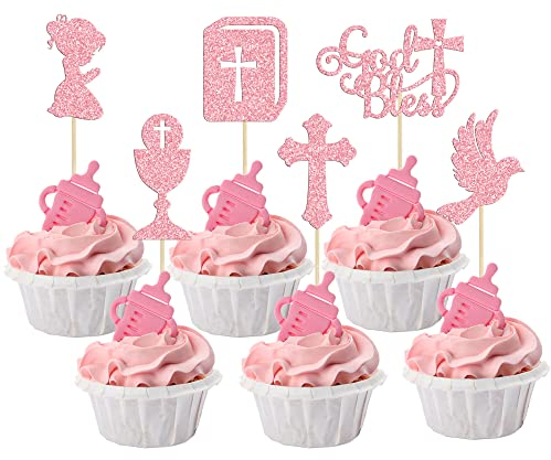 Gyufise 24Pcs Girl God Bless and Baptism Cupcake Toppers Glitter Dove Chalice Bible Cross Cupcake Picks First Communion Christian Baptism Theme Baby Shower Girls Birthday Party Cake Decorations Pink