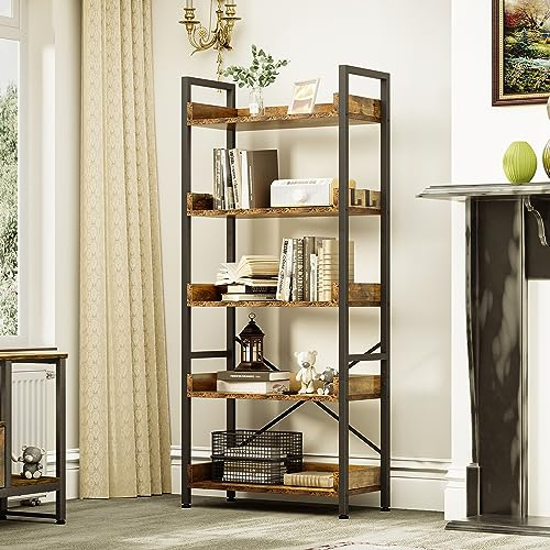 YITAHOME Bücherregal 5 Etagen, Bodenstehendes Bücherregal, Holzregal und stabiles Stahlrahmenregal mit 4 Haken Industrielles Lagerregal für Wohnzimmer, Heimbüro, Vintagebraun