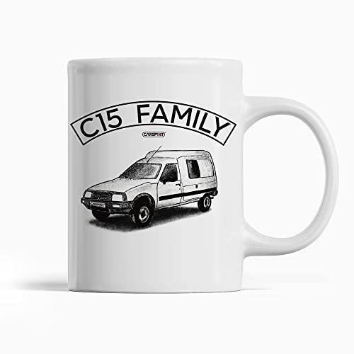 Mug humour auto C15 Family | amateur de voitures anciennes | imprimé sur les 2 faces | en céramique, blanc brillant