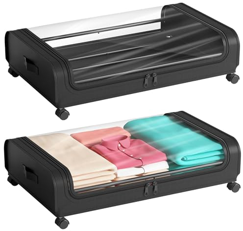 Cajas Almacenaje Ropa Bolsas de Almacenamiento Guardar 2 Piezas Organizador Armario Canape con ruedas Marco Metálico Ventana Transparente Caja Bajo Cama Para Zapatos Mantas Juguetes Edredones,Negro