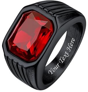 Bestyle Herren Edelstahl Ring Mit Rubin - Quadrat Vintage Edelstein Gothic-Siegelring - Personalisierbarer Bandring Mit Gravur - Größe 62, Schwarz