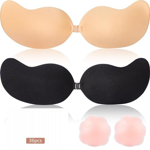 Runmeihe 2PCS Reggiseno Push Up Riutilizzabili Senza Spalline per Donna, Coppe Adesivo Invisibile Senza Schienale (IT, Taglia della Coppa & Taglia della Fascia, D, Mango(Black + Skin))