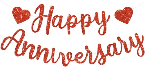 TONIFUL Red Happy Anniversary Banner, Pre-Strung Girland Zeichen für Jubiläums Hochzeitsfeier