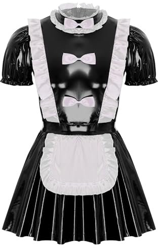 inhzoy Herren Wetlook Dienstmädchen Kostüm Kleid Lackleder Unterwäsche Maid Cosplay Männer Junggesellenabschied Kostüm Party Clubwear Schwarz_A XXL