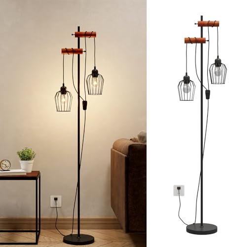 EMKE Stehlampe Holz Stehleuchte Wohnzimmer Schwarz, E27 Standleuchte LED Retro Leselampe Stehlampe Schlafzimmer Floor Lamp Outdoor Stehlampen Bogenlampe