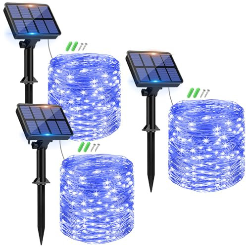 Peasur 3 Stücke Solar Lichterkette Aussen, 3x12M 120 LED Solarlichterkette Außen Wetterfest, 8 Modi IP65 Wasserdicht Kupferdraht Lichterkette Outdoor für Balkon Garten Party Hochzeit Deko, Blau