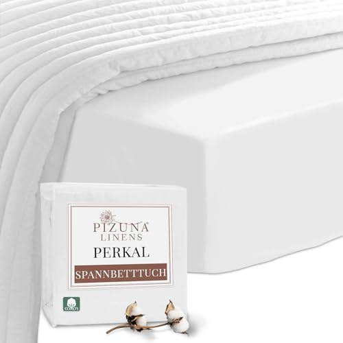 Pizuna Perkal Spannbettlaken 140x200-150x200 Baumwolle Weiß | Atmungsaktiv 100% langstaplige Baumwolle in Perkalbindung nur Spannbettlaken mit 40 cm tiefer Tasche Mako Satin