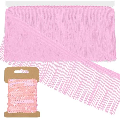 Swpeet Frangia rosa con paillettes, 1,5 m x 10,2 cm, frangia in tessuto, catenina, nappa, frange da cucito, per vestiti, accessori, matrimoni, abiti latini, paralumi, decorazioni fai da te