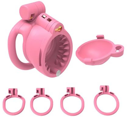 Peniskäfig aus Nylonharz mit 30 Stacheln und 2 Verdeckten Schlössern SM Männliches Sexspielzeug Keuschheitsgürtel mit 4 Ringen Chastity Cage Zum Trainieren des Männerpenis (Flat Ring,Pink)